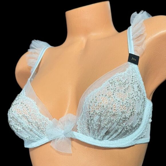 Victoria's Secret Dream Angels Fashion Show Plunge Unlined Beaded lace blue 36B - Picture 1 of 7